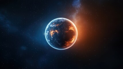 Fototapeta premium A glowing planet with a detailed surface surrounded by colorful cosmic clouds