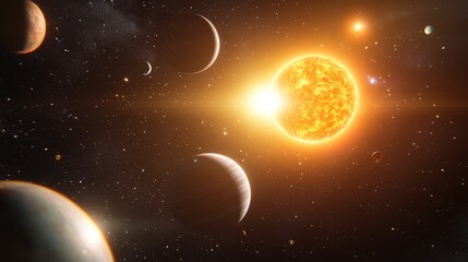 Naklejka premium A distant solar system with planets orbiting a radiant star, surrounded by nebula clouds