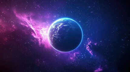 Obraz premium A 3D illustration of a glowing planet surrounded by vibrant nebula clouds in deep space