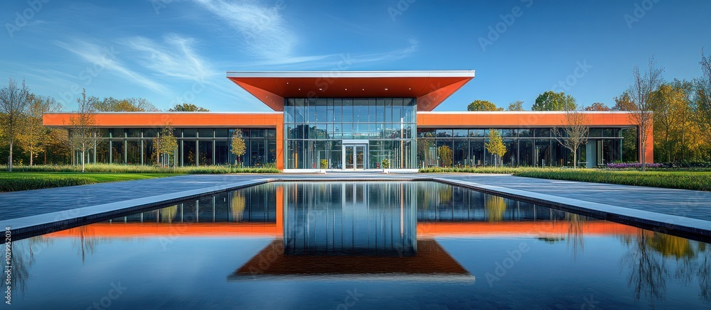 Poster modern architecture building with a reflecting pond in front.