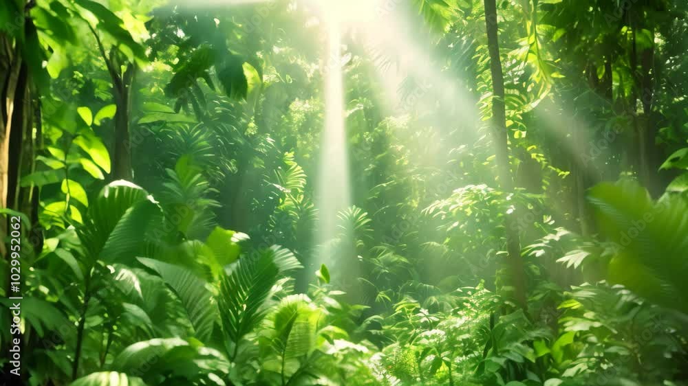 Poster sunlight filters through lush rainforest canopy, creating patterns of light and shadow on the forest