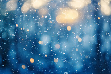 Obraz premium Abstract blurred defocused background for postcard, banner. Snowfall and snowflakes, winter cold background. Bokeh, sparkles, blue color.