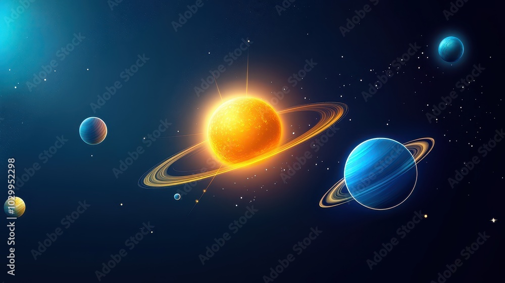 Poster solar system background with planets orbiting around the sun, set against a backdrop of deep space s