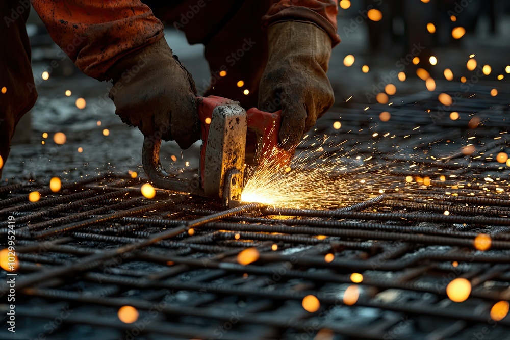 Poster worker using a cutting torch on a metal grid