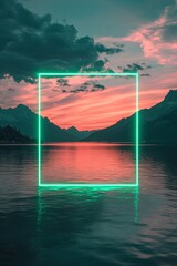 Green Neon Square on Mountain Landscape at Sunrise Generative AI