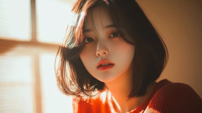 Korean Girl in Bedroom Portrait, Adolescent Girl Relaxing in Her Room Generative AI