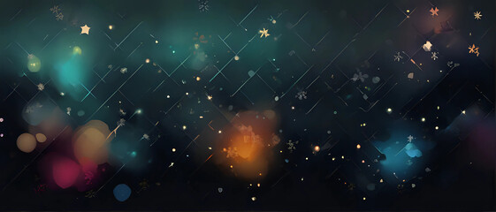 Obraz premium Snowflakes and holiday lights on dark background. Illustration with empty space for text. Festive Christmas background for card, poster or banner - generative AI