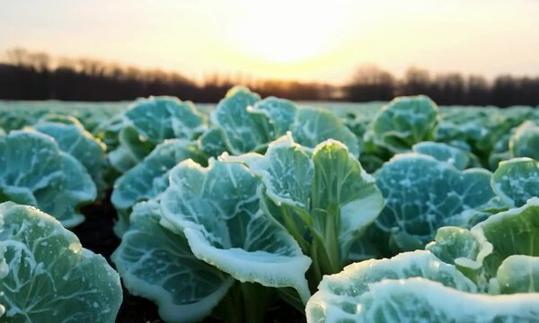 a frost-covered cabbage patch. It then dolly&rsquo;s forward to reveal the lush, green cabbages underneath the frost, with the cool morning light enhancing the crisp, clean appearance of the leaves