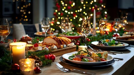 Lavish Christmas dinner table set with gourmet dishes twinkling lights and elegant place settings surrounded by pine garland and warm candlelight