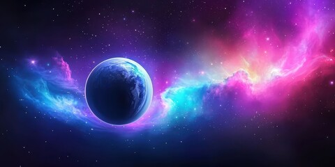 Obraz premium Vibrant galaxy background with a large planet, distant stars, and colorful nebula clouds swirling in space.