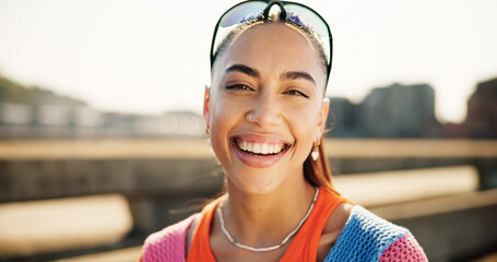 City, woman and portrait with laughing for fashion, streetwear and confidence for cool clothes with...