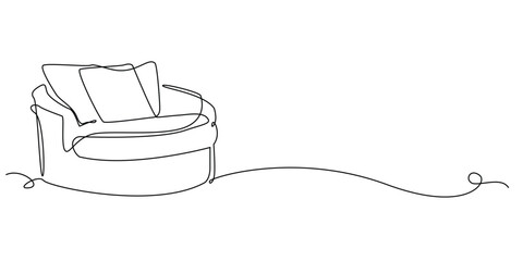 one continuous line drawing of comfortable sofa chair.
one line drawing of a home sofa interior. minimalist line of living room sofa. single line vector illustration. isolated on white background