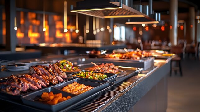 Luxurious upscale buffet scene with perfectly grilled meats and elegant decor set in warm lighting focusing on the high end dining experience and ambiance
