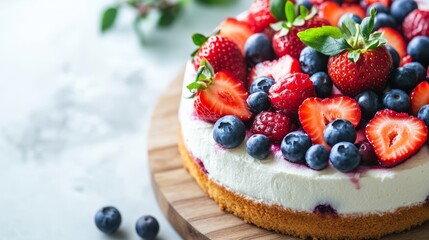 Minimalist Berry Cake with Fresh Fruits on Wooden Board, Perfect for Food Blog or Recipe Book Generative AI
