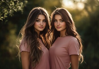 Obraz premium Two Beautiful Brunette Women Posing for the Camera with Soft Smiles Generative AI