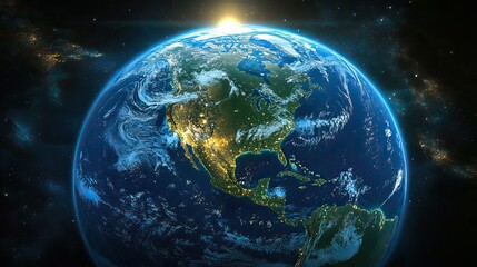 A physical map of planet Earth, focusing on the USA and North America, provides a satellite view with the sun shining on the horizon.