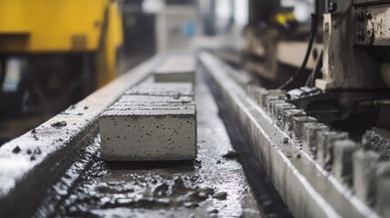 Concrete Block Production Line with Wet Concrete Being Molded into Blocks for Construction Use Generative AI
