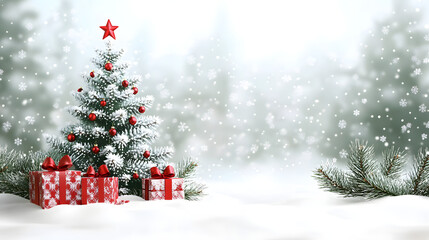 Obraz premium A festively decorated Christmas tree with gifts on snowy ground.