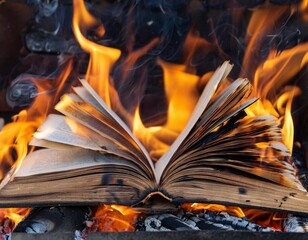 A burning open book with its pages engulfed in flames, generative ai