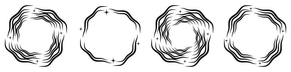 Abstract geometric design in circle shape with spiral lines. Four black starry circular frames getting thicker.