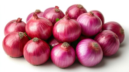A pile of fresh red onions displayed as a spice vegetable on a white background.