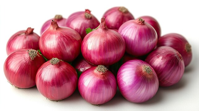A pile of fresh red onions displayed as a spice vegetable on a white background.