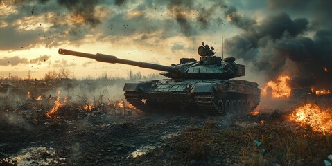 Battle tank moving through a burning battlefield during war