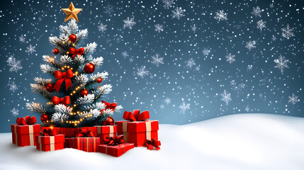 Obraz premium A festively decorated Christmas tree with gifts on snowy ground.