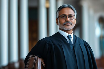 Respected Indian Attorney in Legal Robes Posing Outside Courthouse with Serious Expression