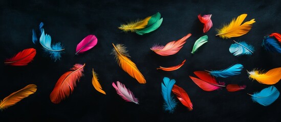 Vibrant Multicolored Feathers Floating in Midair Against a Deep Black Backdrop, Abstract Creative Background Generative AI