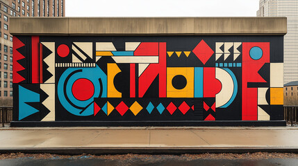 A large-scale geometric mural in black, red, yellow, blue, and white colors on a concrete wall with buildings in the background.