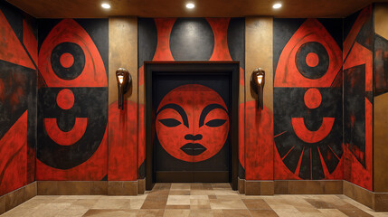 A red and black geometric mural with a stylized female face on a door in a hallway.