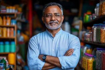 Proud Indian Grocery Shop Owner Standing Confidently in His Kirana Store with Folded Arms