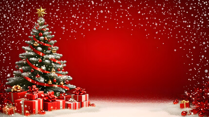Obraz premium A festively decorated Christmas tree with gifts on snowy ground.