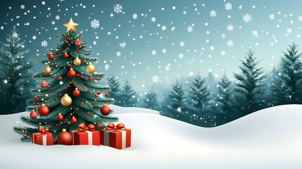 Obraz premium A festively decorated Christmas tree with gifts on snowy ground.