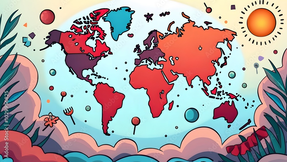 Poster world map on a background of the sky and clouds. vector illustration generated by ai
