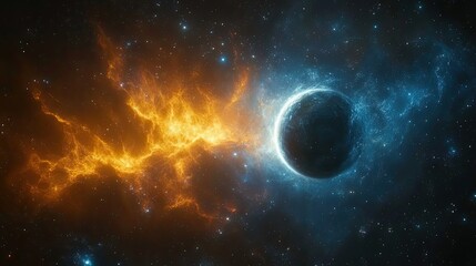A planet in space surrounded by a nebula.