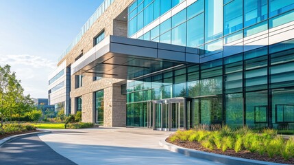 Fototapeta premium Hospital exterior with a mix of glass and stone, blending modern and traditional design.