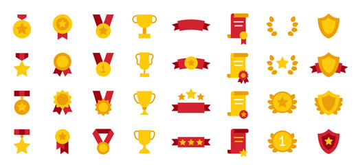 Reward icon set. Trophy icon. Set of winning award and prize icons, trophy reward, victory trophy, victory cup, winner medal. First place gold medals, gold cups and laurel wreaths with red ribbons.