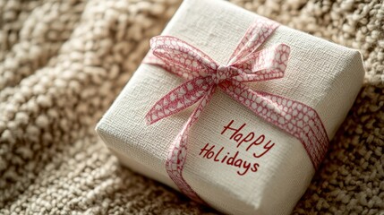 Happy Holidays handwriting greeting message text in red on the gift box.