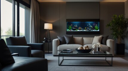 A modern living room interior with a large fish tank on the wall, a sofa, a coffee table, and a lamp.