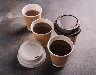 The image shows various disposable coffee cups placed on a textured surface,generative ai