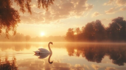 Fototapeta premium A single white swan swims gracefully on a calm lake at sunrise, with a misty atmosphere and golden sunlight reflecting off the water.