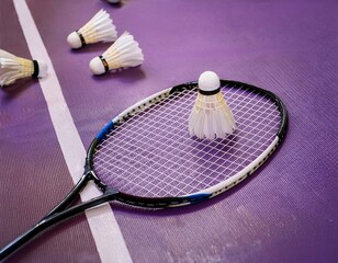 A broken badminton and several used white shuttlecocks lie on the purple floor of the badminton court.