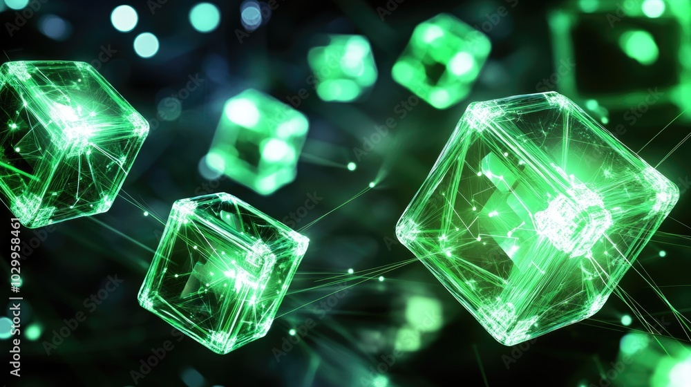Poster futuristic network of connected cubes, glowing in green hues with intersecting lines, symbolizing di