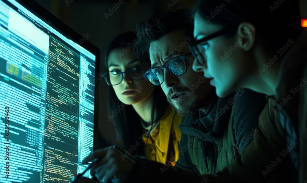 Poster three people are looking at a computer screen with a lot of code on it