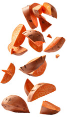 Obraz premium Sweet Potato Segments and Whole Sweet Potato Floating, Isolated on Transparent Background. 
