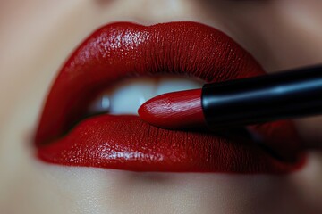 Close-up of Red Lips with Lipstick Being Applied