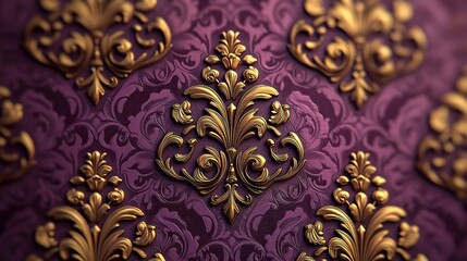 A purple wallpaper with a gold damask pattern.
