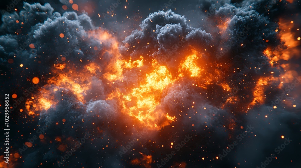 Poster dynamic abstract particle explosion in dark atmosphere